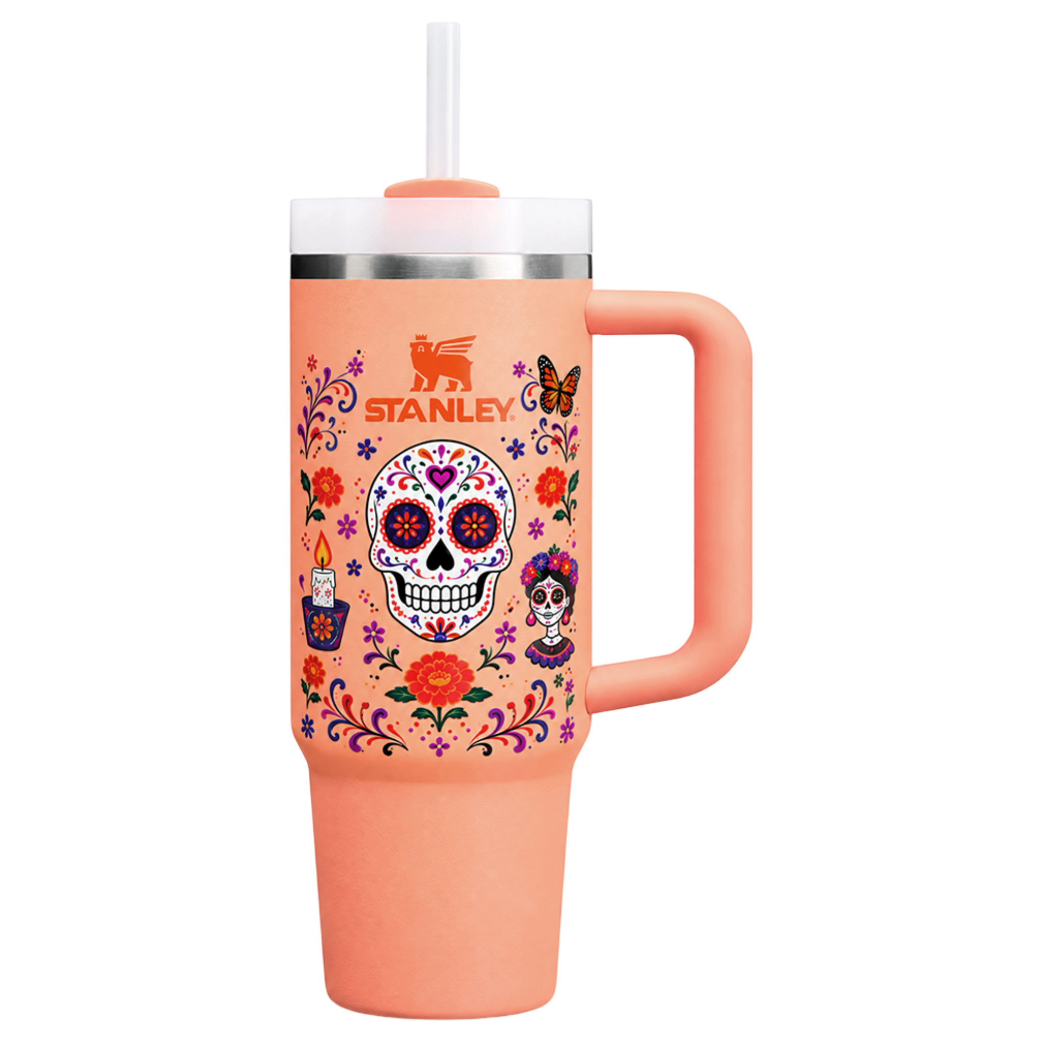 Stanley 1913 México Quencher H2.0 color durazno con diseño de calavera catrina y flores para hidratación