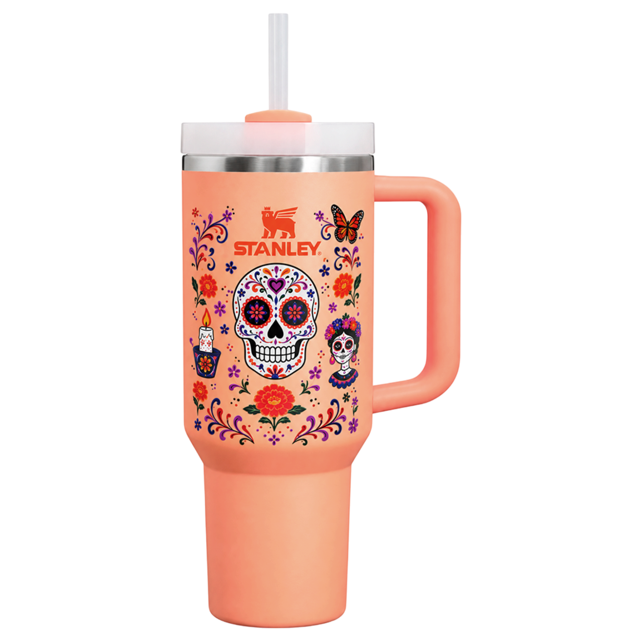 Stanley 1913 México Quencher H2.0 color melocotón con diseño de calavera y flores estilo Día de Muertos y pajilla