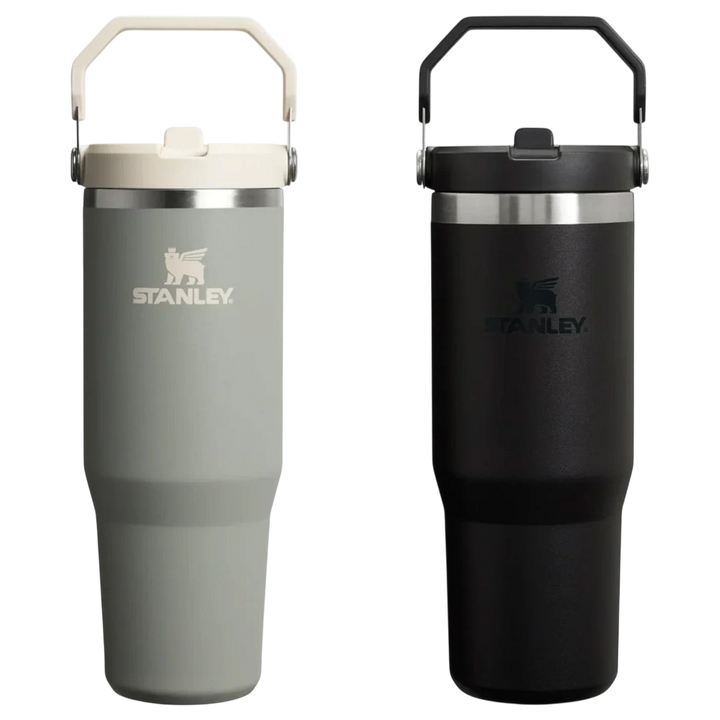 Dos termos Stanley 1913 México IceFlow Flip en colores gris y negro con tapa y asa abatible para transporte.