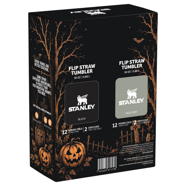 Caja de Stanley 1913 México con dos termos IceFlow Flip Straw en colores negro y gris salvia con diseño de Halloween