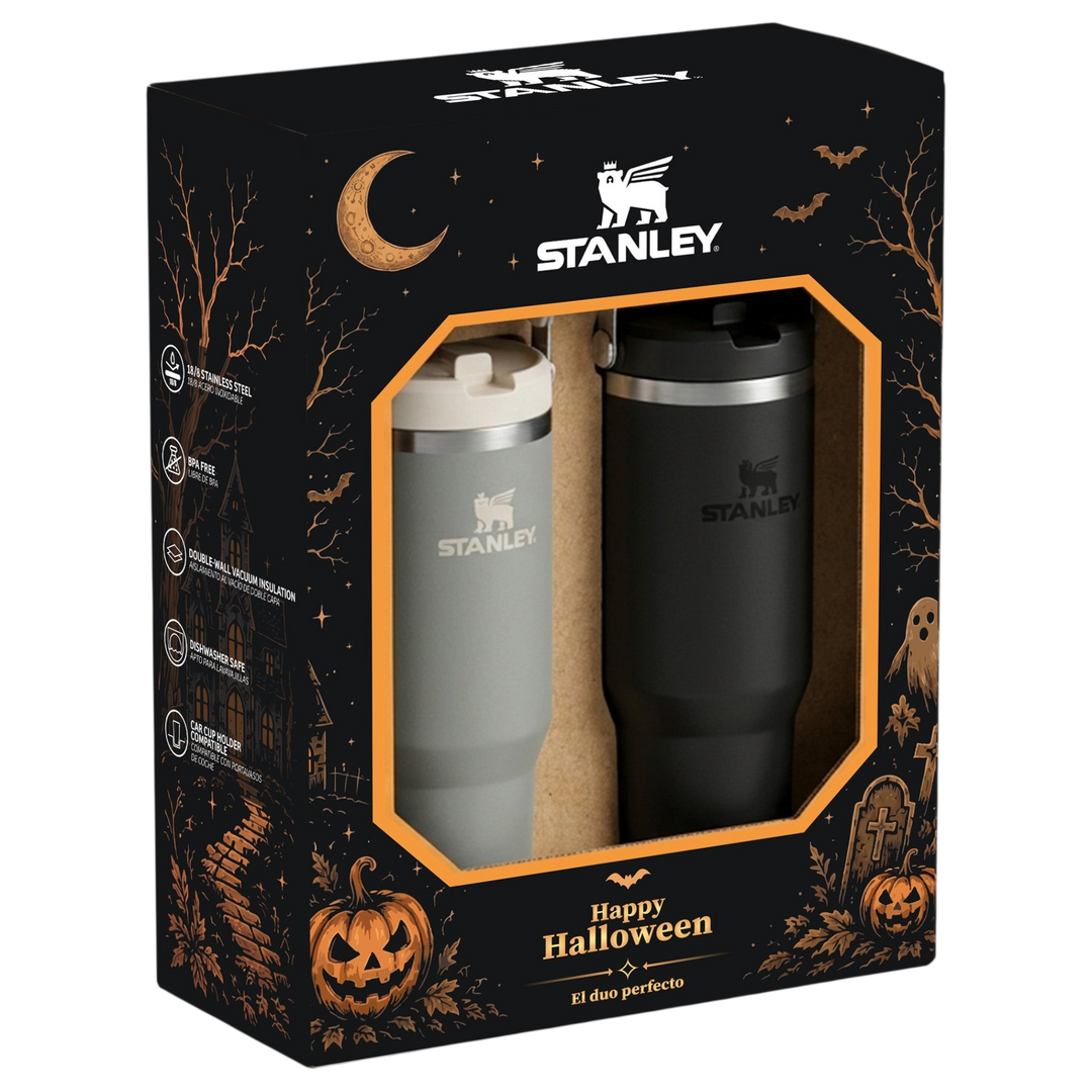 Set de dos termos Stanley 1913 México IceFlow Flip en colores gris y negro con empaque temático de Halloween