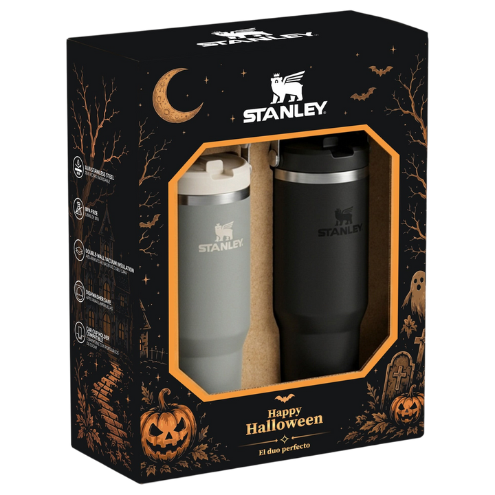 Set de dos termos Stanley 1913 México IceFlow Flip en colores gris y negro con empaque temático de Halloween