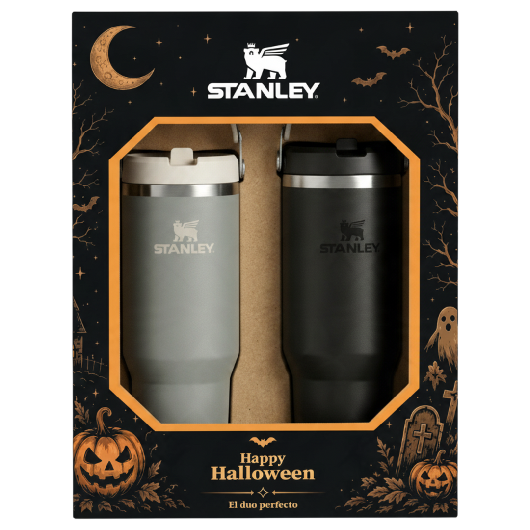 Set de dos termos Stanley 1913 México IceFlow Flip en colores gris y negro con empaque temático de Halloween.