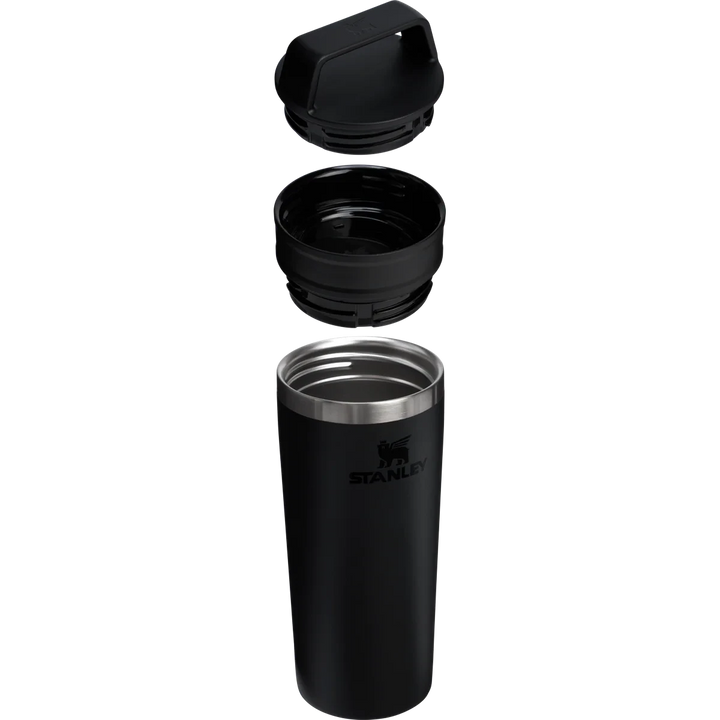 Stanley 1913 México black stainless steel travel mug with leak-proof two-piece lid, 473ml capacity.