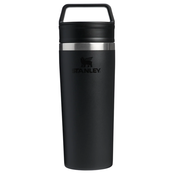 Stanley 1913 México black stainless steel 473ml travel mug with leak-proof lid and integrated handle.