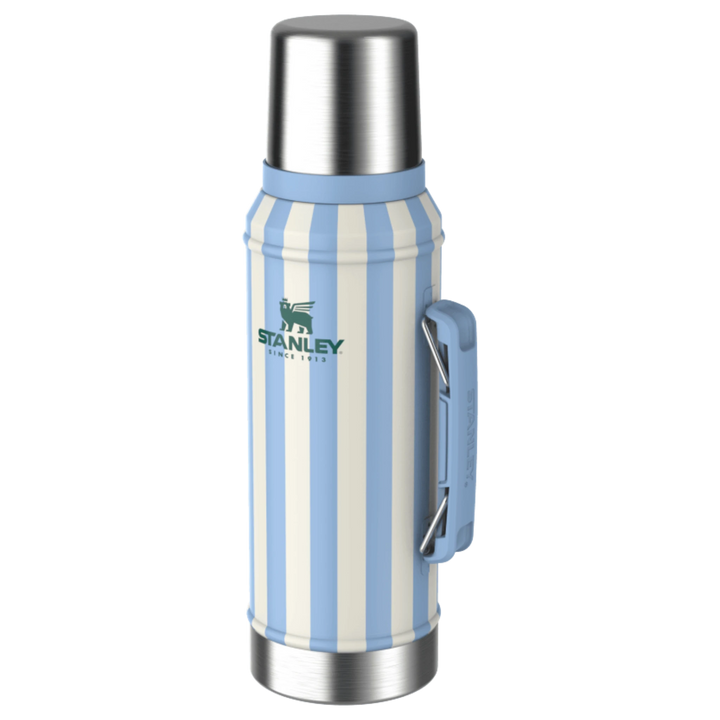 Stanley 1913 México termo clásico legendario de verano, azul y blanco a rayas, 946ml, con asa plegable y tapa de taza.