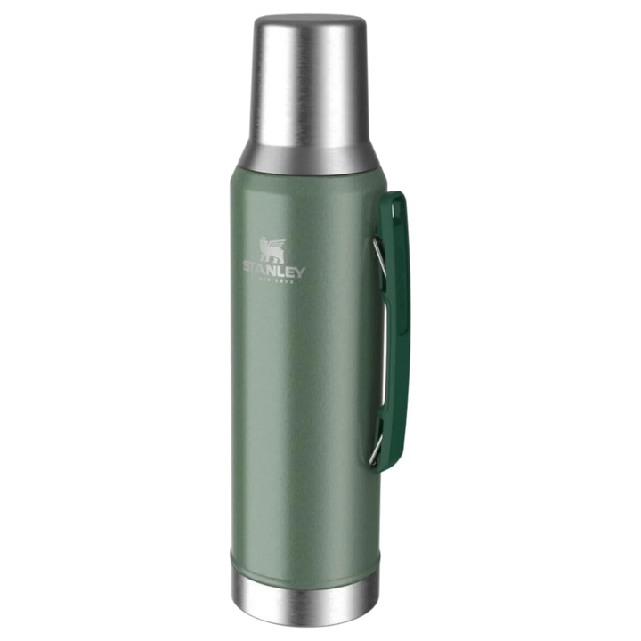 Termo Stanley 1913 México Classic Mate System color verde martillado con asa lateral y tapa de acero inoxidable