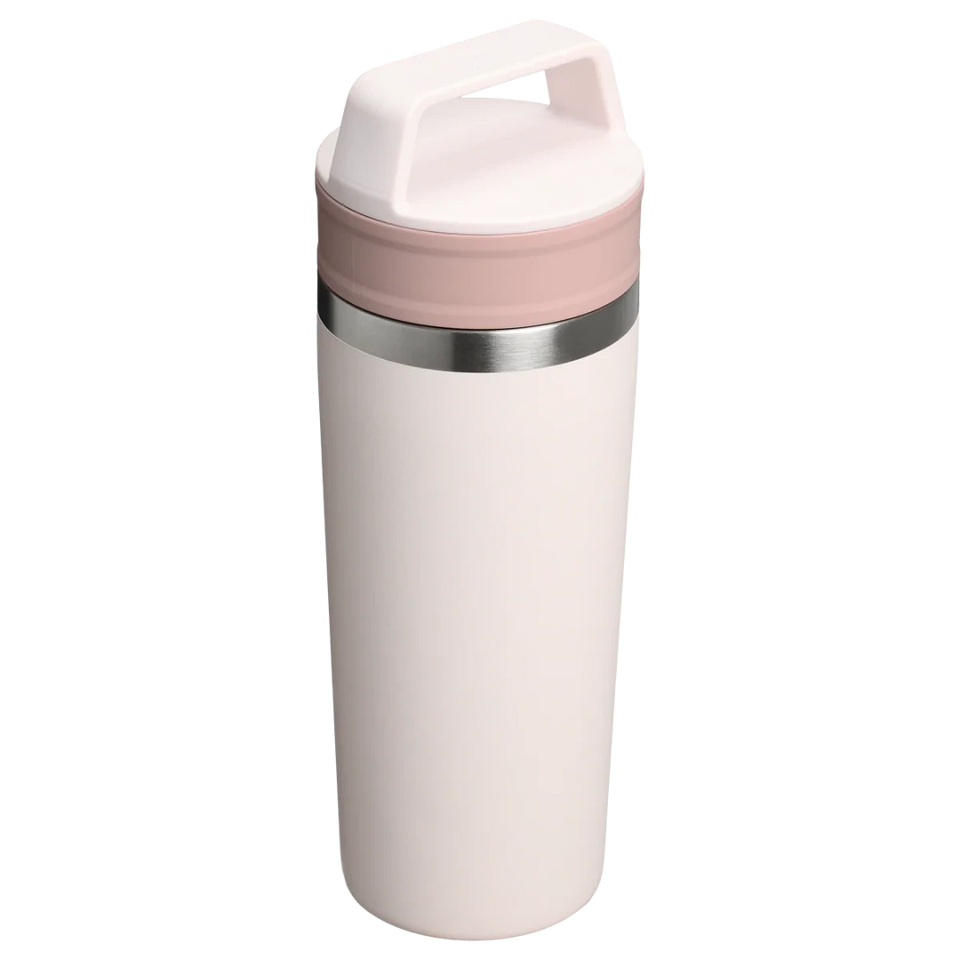 Stanley 1913 México white and pink travel mug with handle, 473ml stainless steel, double-wall vacuum insulated.