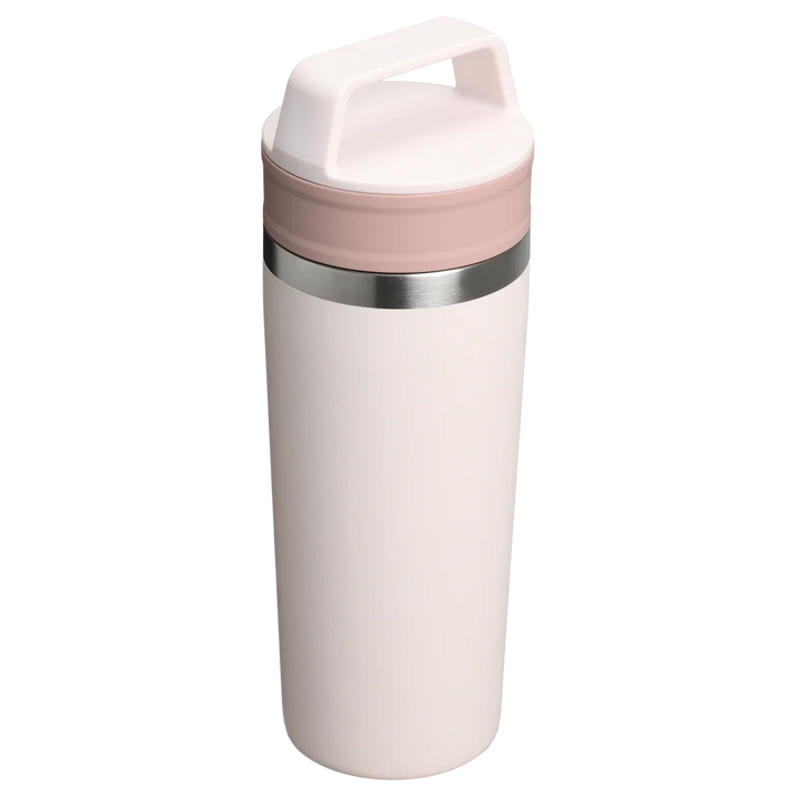 Stanley 1913 México white and pink travel mug with handle, 473ml stainless steel, double-wall vacuum insulated.